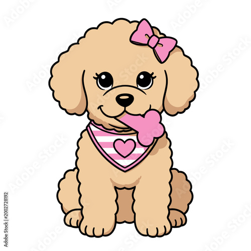 Cute Cartoon Poodle Puppy Dog Holding Pink Bone Toy, Isolated Vector Illustration for Children'S Design and Pet Branding