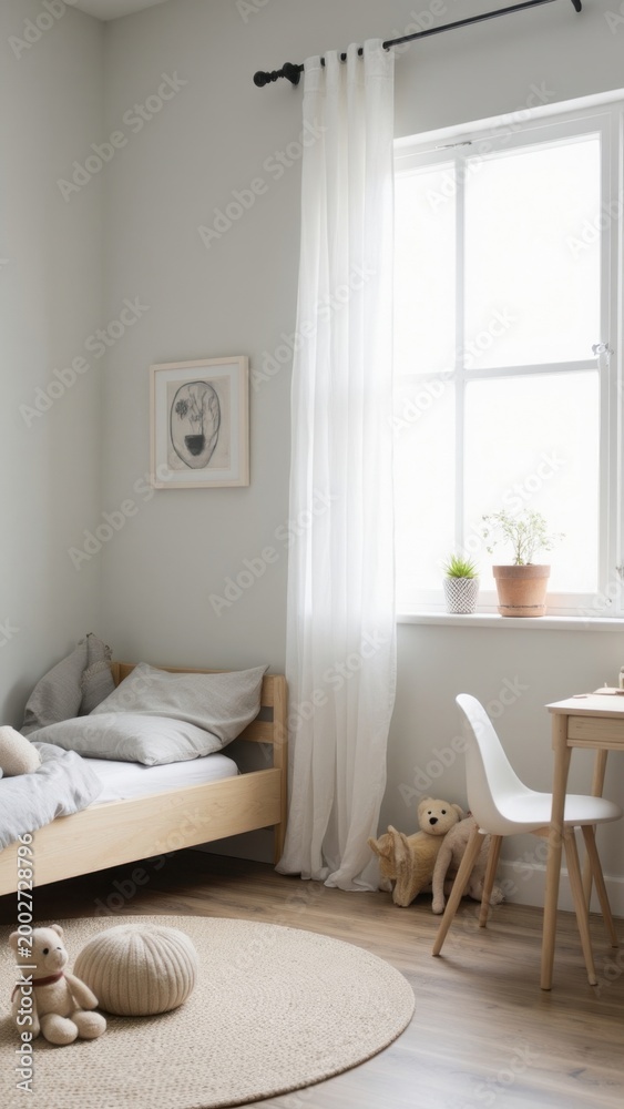 Fototapeta premium The room features a contemporary design with neutral tones and minimalist decor.