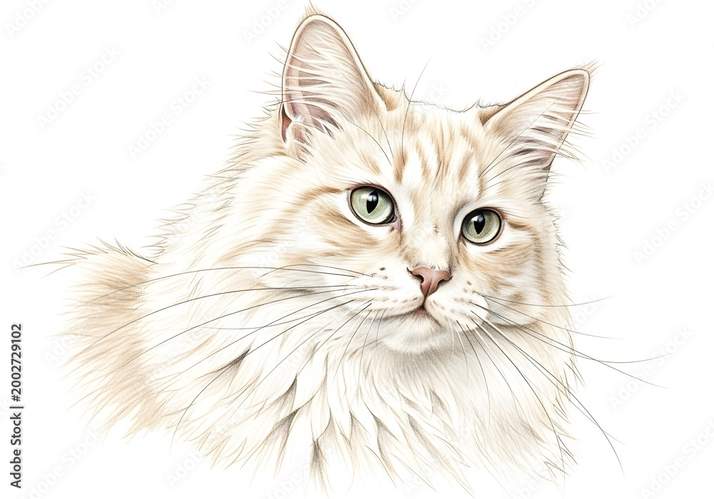 Fototapeta premium Realistic pencil drawing of a long-haired cat, feline portrait in charcoal and lead style, hand-painted animal art isolated on white