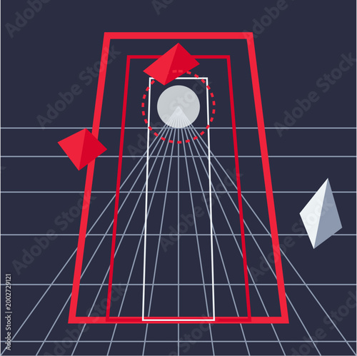 Futuristic Metaverse Gateway With Red Geometric Portals And Gridded Floor Perspective Leading Into Virtual Reality