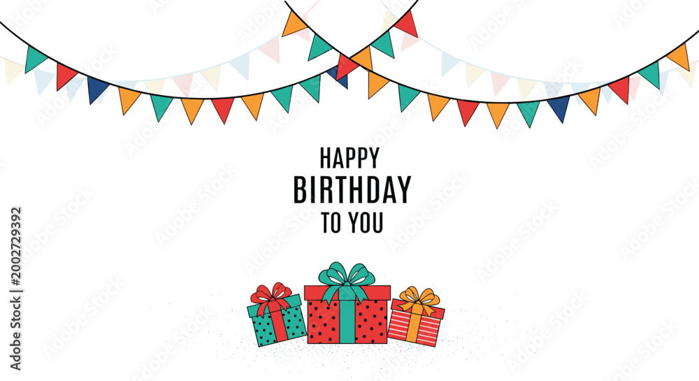 Obraz premium Happy birthday celebration banner featuring colorful bunting flags and three wrapped gift boxes at the bottom on a plain white background.