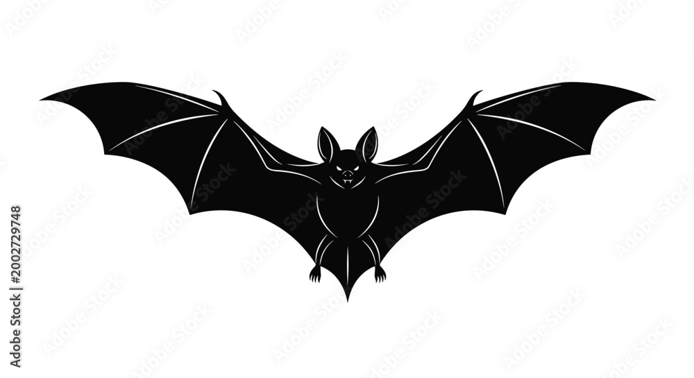 Fototapeta premium Black silhouette of a bat with spread wings and a detailed face, ideal for Halloween decorations and spooky graphic design works.