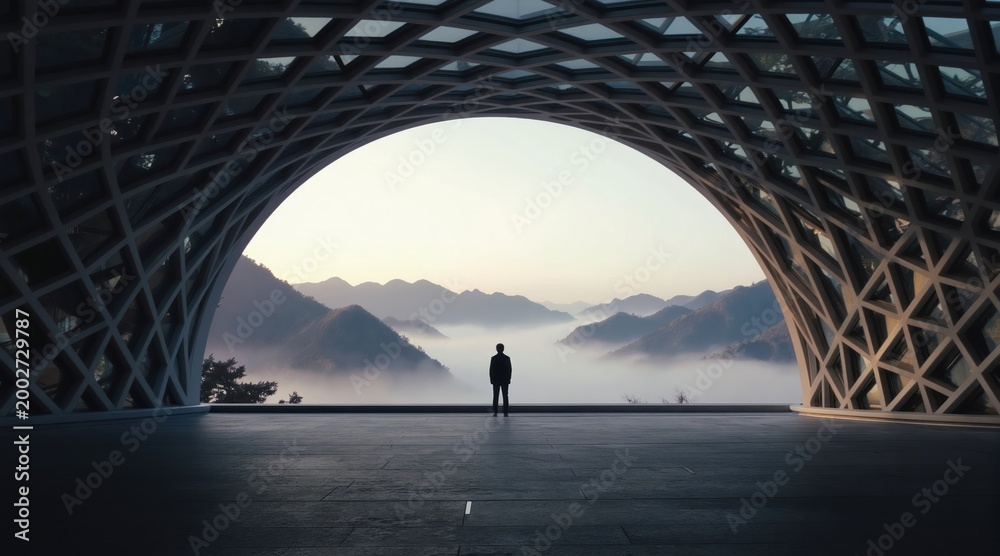 Fototapeta premium Man stands under modern geometric archway. He gazes at misty mountain range landscape. Futuristic architecture meets serene nature view. Calm sunrise or sunset light.