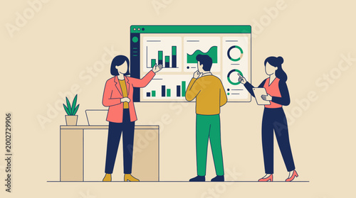 Flat vector illustration of team analyzing data dashboard