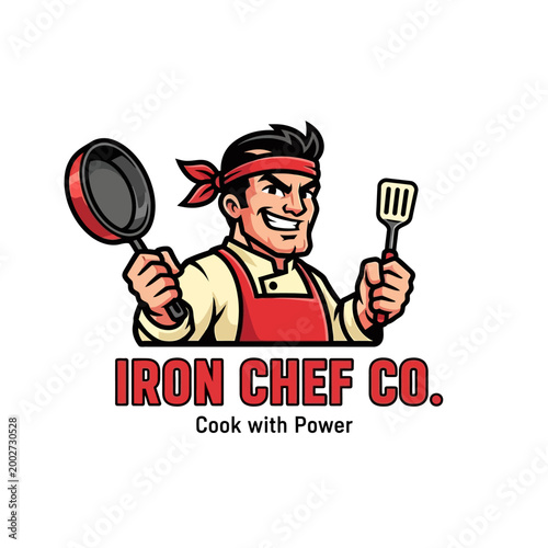 Cartoon chef with cooking utensils smiling.