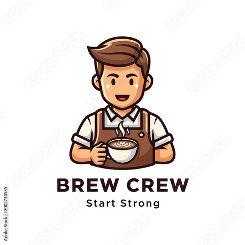 Cartoon man holding steaming coffee cup.