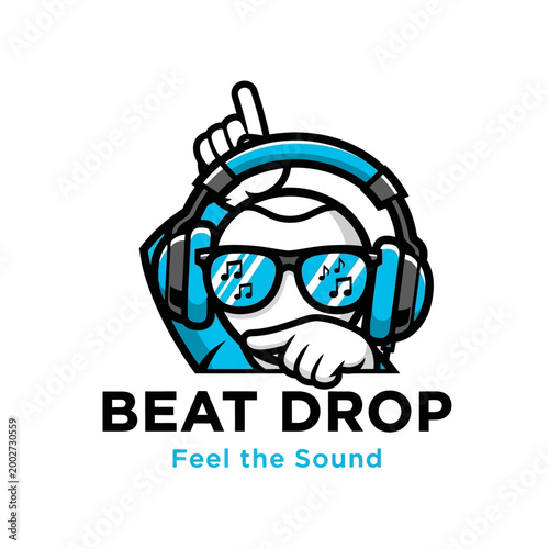 Cartoon man wearing blue headphones.