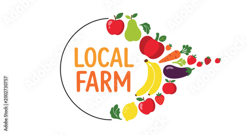 Local farm logo design featuring an arch of colorful fruits and vegetables including apples, bananas, carrots, and eggplants on a white background.