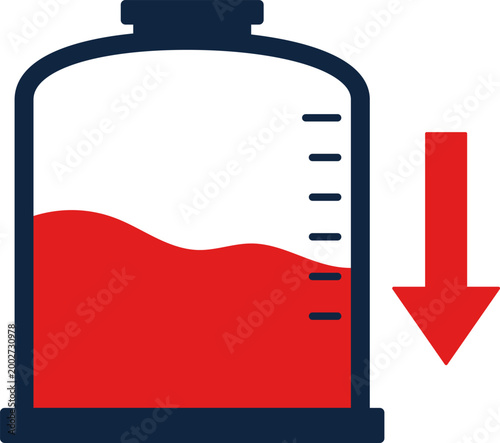 Declining inventory level concept, liquid storage tank with decreasing level and downward arrow, business shortage and supply reduction vector illustration