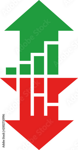 Business growth and decline concept, upward and downward arrows with bar chart, profit and loss financial vector illustration