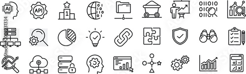 Data analytics set of web icons. Editable Stroke. . Data processing, statistics, database, analytics, monitoring, computing, AI, hosting, monitoring, server