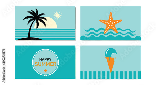 Set of four vibrant summer themed graphic designs featuring tropical palm trees, a starfish, ice cream, and sunny beach landscapes.
