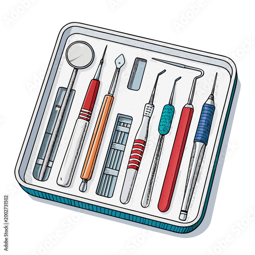 Depicting Bold Stroke Dental Instrument Tray Arrangem Crisp High-Quality Stock Image