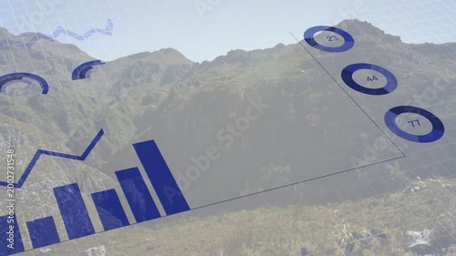 On load blue overlay assembling charts, sliding donuts, rotating pie to show rising-metrics