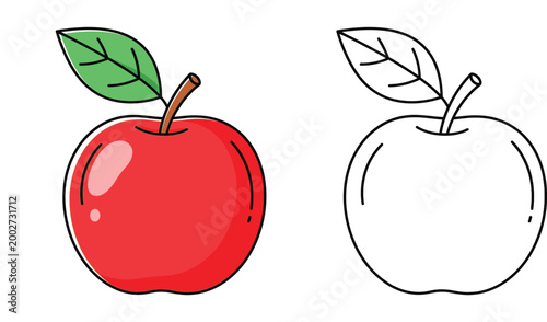  Red apple fruit with green leaf and black and white outline vector illustration set for kids coloring book and educational activity isolated on white background