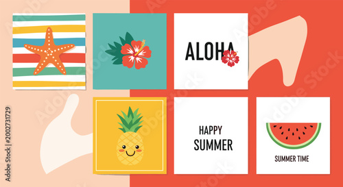 Bright and colorful collection of six summer themed graphic cards featuring icons like pineapple, starfish, watermelon, and tropical hibiscus flowers.