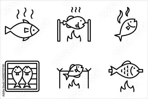 grilled fish icon set, food and sea on white background