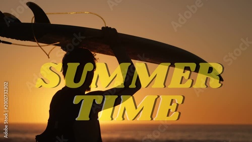 Surfer holding board sunset walking adjusting grip preparing for surf SUMMER TIME overlaying shadow