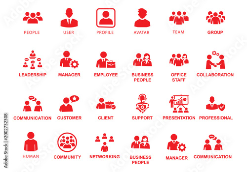 Human and people icon set featuring professional profiles, team collaboration, leadership, user avatar, customer support, business staff, and office community symbols.