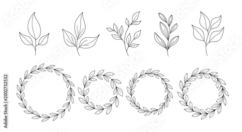 Collection of hand-drawn leaf wreaths and individual sprigs in a delicate line art style suitable for wedding invitations and branding.