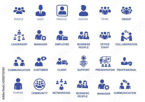 Human and people icon set featuring professional profiles, team collaboration, leadership, user avatar, customer support, business staff, and office community symbols.