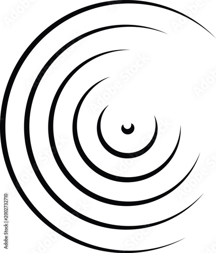 A minimalist black and white vector illustration of a round eye featuring a spiral pattern and curved lines in a clean circular design symbol