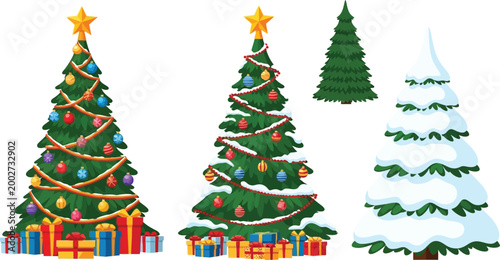 Four decorated and snow covered christmas trees with presents holiday winter decoration gift