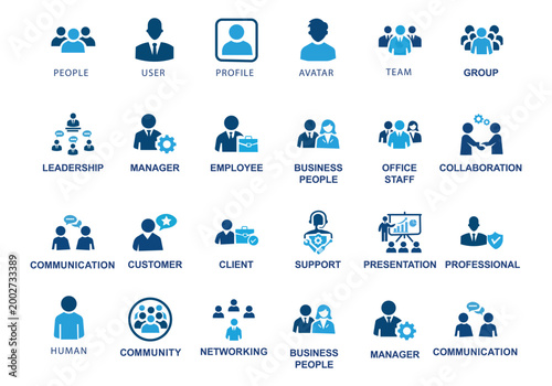 Human and people icon set featuring professional profiles, team collaboration, leadership, user avatar, customer support, business staff, and office community symbols.