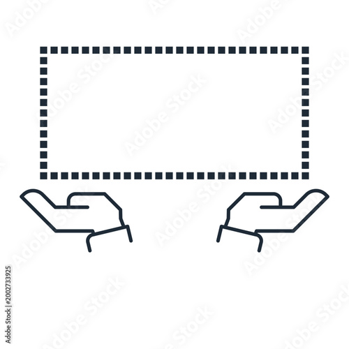 Two hands supporting an empty dotted frame. Space for text, images or demonstration of something. Vector linear icon isolated on white background.