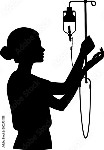 Medical Service Icon: Silhouette of Nurse Tending to a Bedridden Patient with IV Infusion