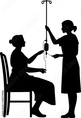 Medical Service Icon: Silhouette of Nurse Tending to a Bedridden Patient with IV Infusion
