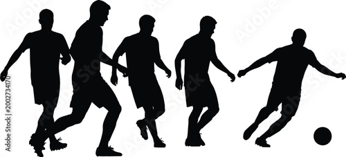 Silhouettes of a soccer team in action with a ball isolated on transparent background dynamic sports illustration