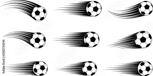 Dynamic soccer balls in motion a collection of nine isolated speed blurred footballs on transparent background