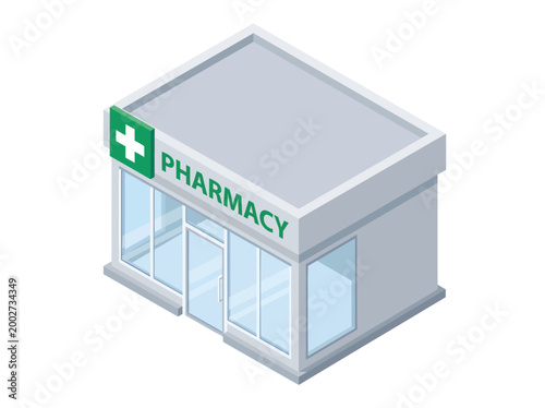 A pristine, minimalist isometric vector artwork showcases a modern 3-D pharmacy building featuring a flat gray roof, expansive light blue glass windows, and prominent green signage with a white cross