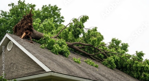 Tree uprooted, resting on a home's roof after a storm
