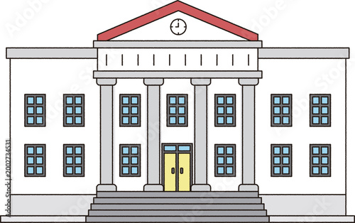 Classical School Building with Columns Cartoon Illustration