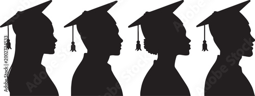 Vector silhouettes of fashion girls and women in academic gowns and caps celebrate university graduation success with diplomas