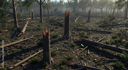 Forest aftermath shattered trees lie scattered, a scene of devastation