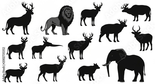 Black silhouettes of various wild animals.