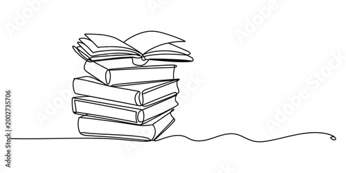Continuous line drawing of a stack of books with an open book