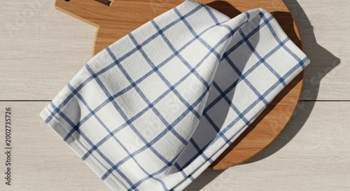 White cloth with blue grid pattern, folded on a wooden cutting board