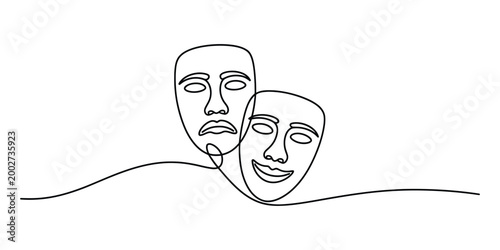 Two theater masks, one sad and one happy, drawn in a single line style