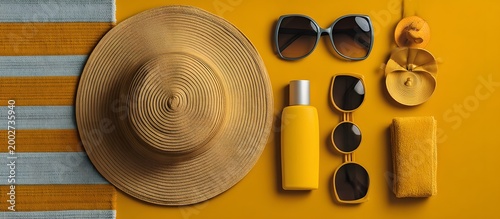 Summer vacation set: hat, sunglasses, sunscreen and beach towel