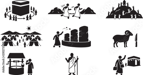 Hajj Umrah Silhouette Vector Icon Set with Kaaba Tawaf Saee Qurbani Islamic Pilgrimage Symbols