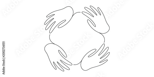 Continuous line drawing of four hands in a circle for teamwork