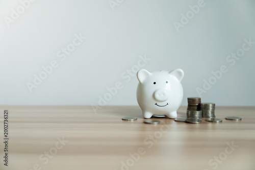 Quadro su tela White piggy bank smiles softly on wooden surface