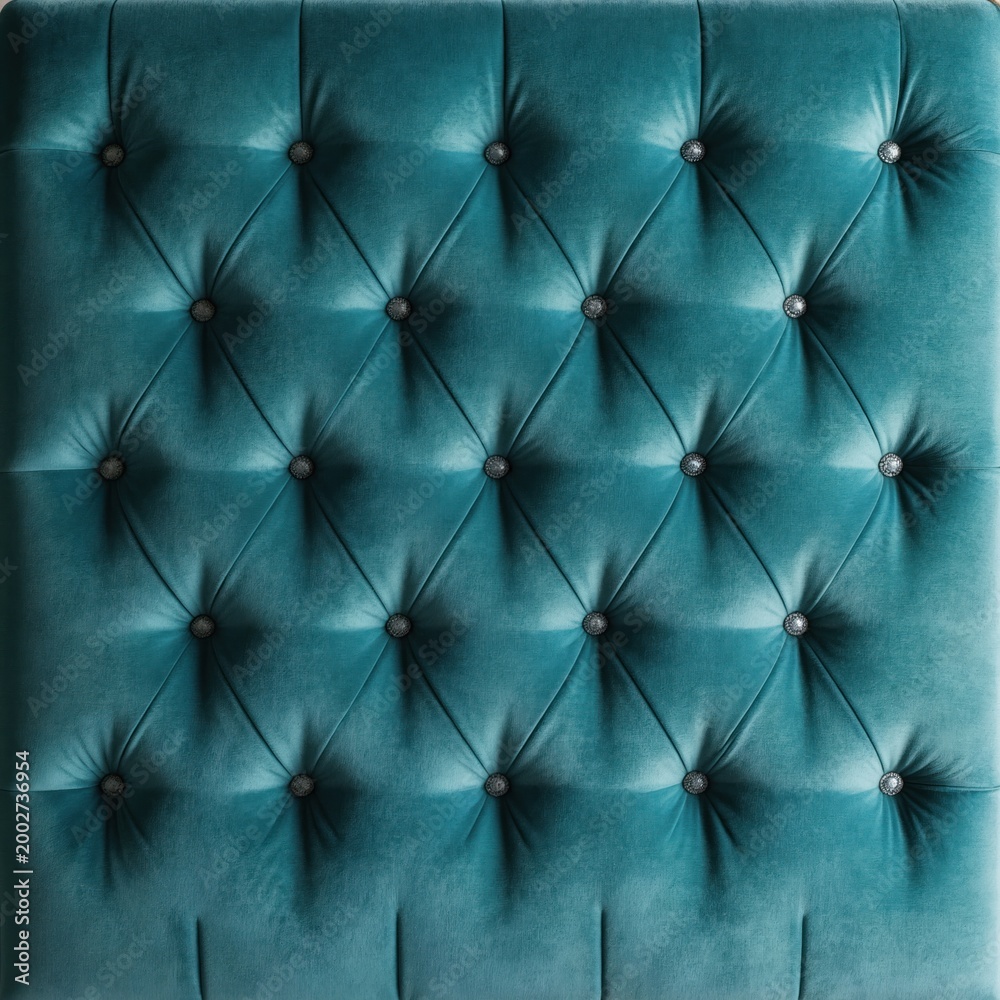 Fototapeta premium Teal tufted upholstery texture with diamond pattern. Fabric surface with buttons creates elegant luxury detail. Perfect for interior decor background design.