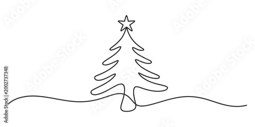 Christmas tree with star, continuous line drawing