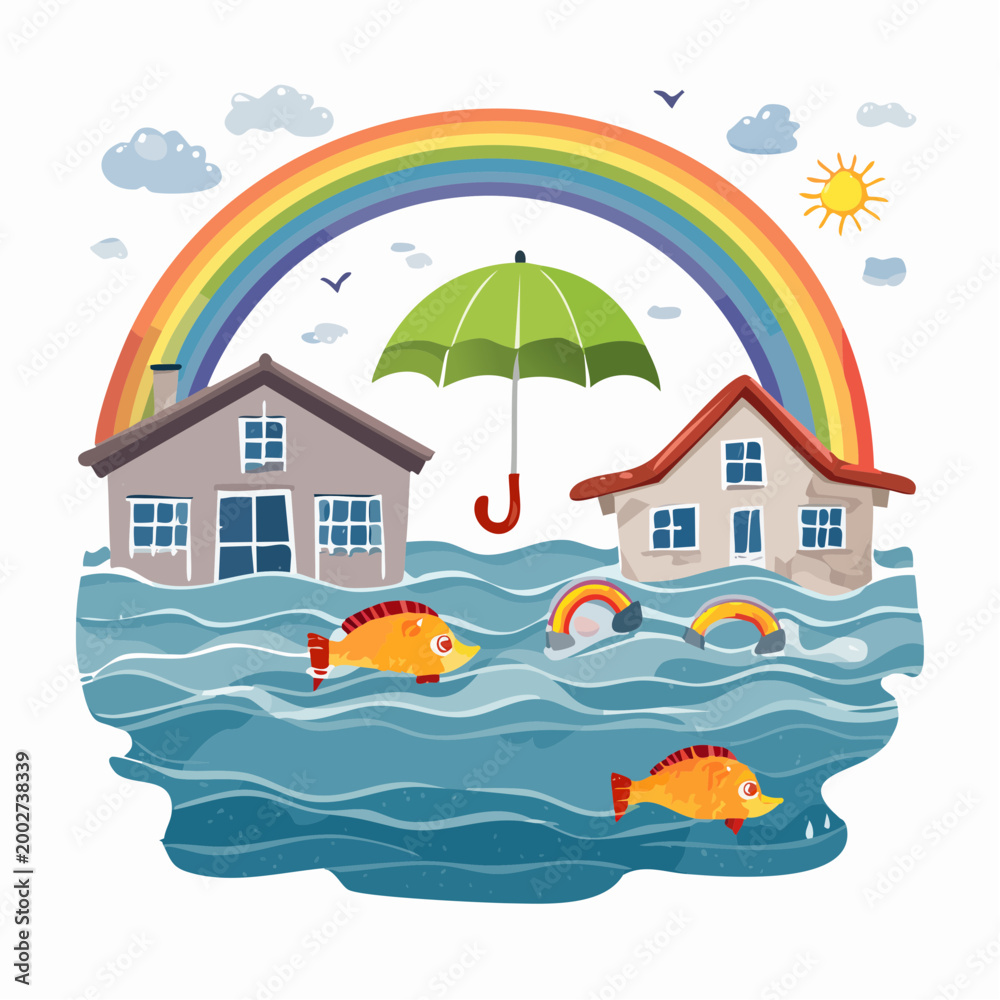 Obraz premium Flooded Houses Under Rainbow with Umbrella and Fish