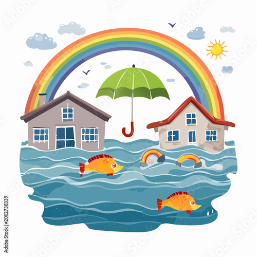 Flooded Houses Under Rainbow with Umbrella and Fish